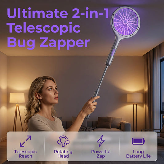 🥳🛡️Matainsectos recargable: malla de seguridad de triple capa, mango extensible, giratorio para atrapar insectos en paredes y esquinas. ¡Un sueño sin plagas, seguridad sin preocupaciones! 🌟💚